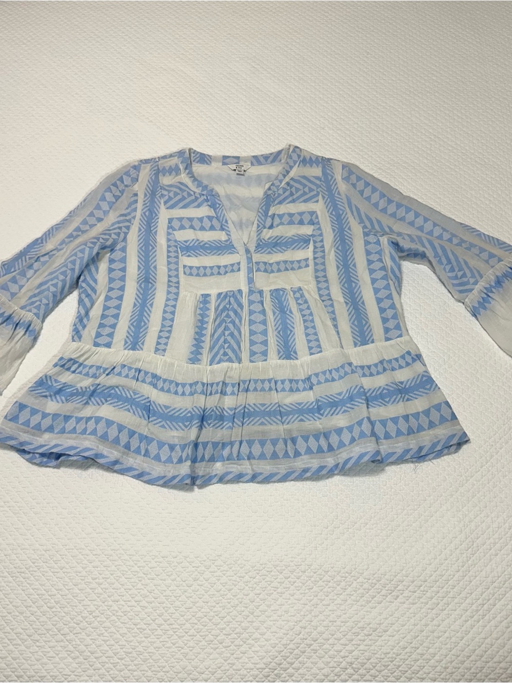 crown & ivy Light Blue and White Geometric Peplum Tunic Blouse